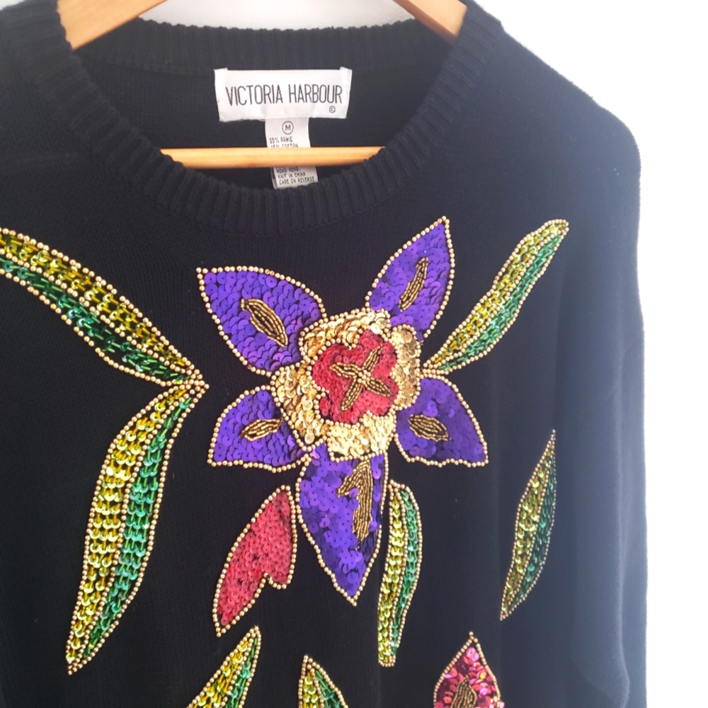 Vintage 80's 90's Victoria Harbour Flower Sequin Long Sweater sz Medium
